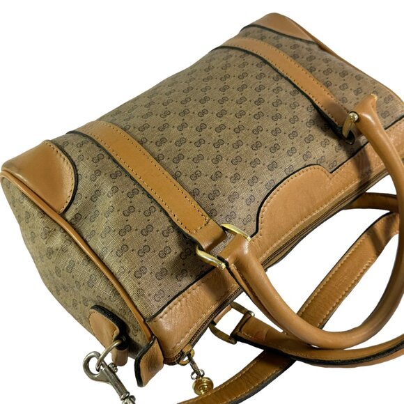 70's GUCCI Beige Canvas Tan Leather Micro GG Monogram Satchel Made in Italy - Picture 7 of 15